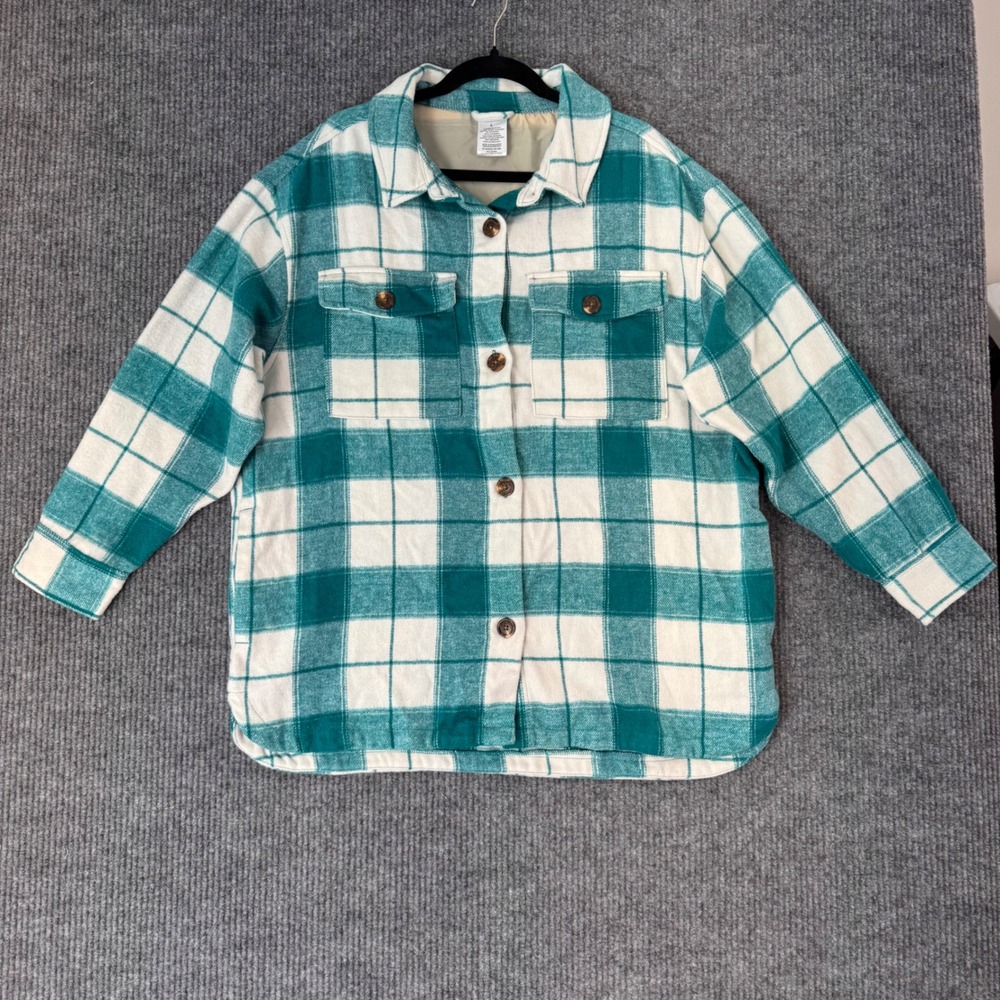 Women L Plaid Flannel Shacket Green White Oversized Button Up Grunge Cottagecore - Picture 2 of 9